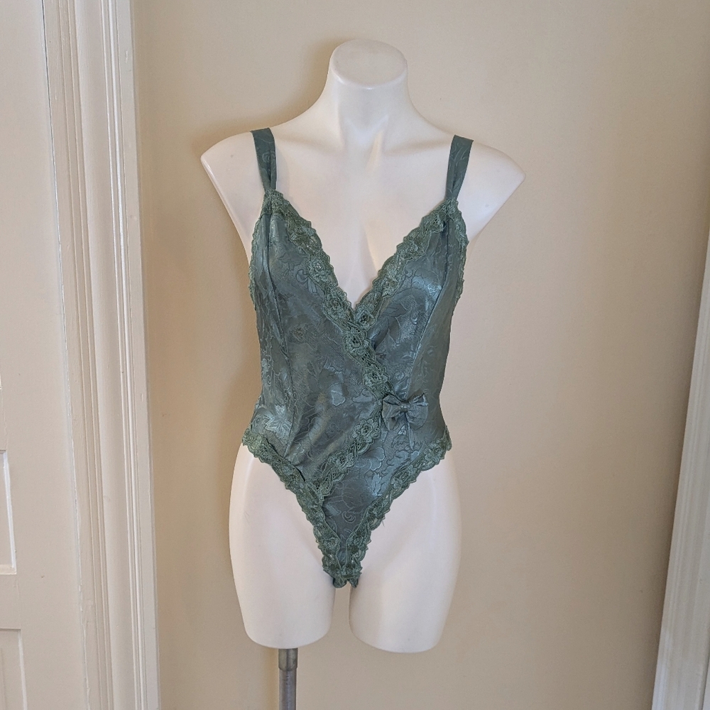 Vintage gold tag Victoria Secret green teddy with brocade floral print size S